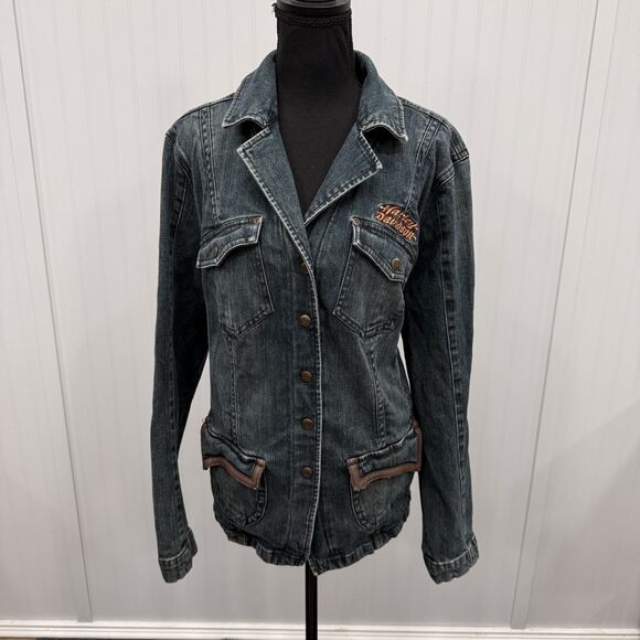 Harley-Davidson Jackets & Blazers - VTG Harley Davidson Women's 2W Blue Denim Embroidered Biker Motorcycle Jacket